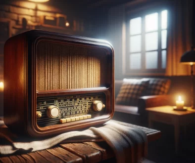 DALL·E 2024-02-12 19.09.59 - A vintage radio sits prominently on a wooden table, illuminated by a soft, dim light in a cozy living room. The scene captures a quiet evening, with t