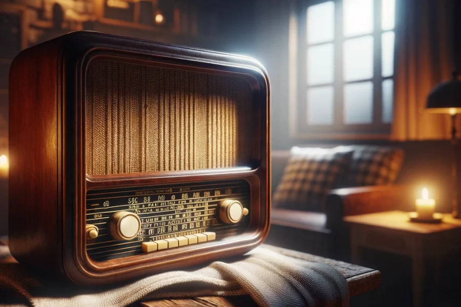 DALL·E 2024-02-12 19.09.59 - A vintage radio sits prominently on a wooden table, illuminated by a soft, dim light in a cozy living room. The scene captures a quiet evening, with t
